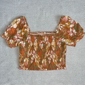Aerie Smocked Orange Floral Square Neck Puff Sleeve crop Top Sz Xs